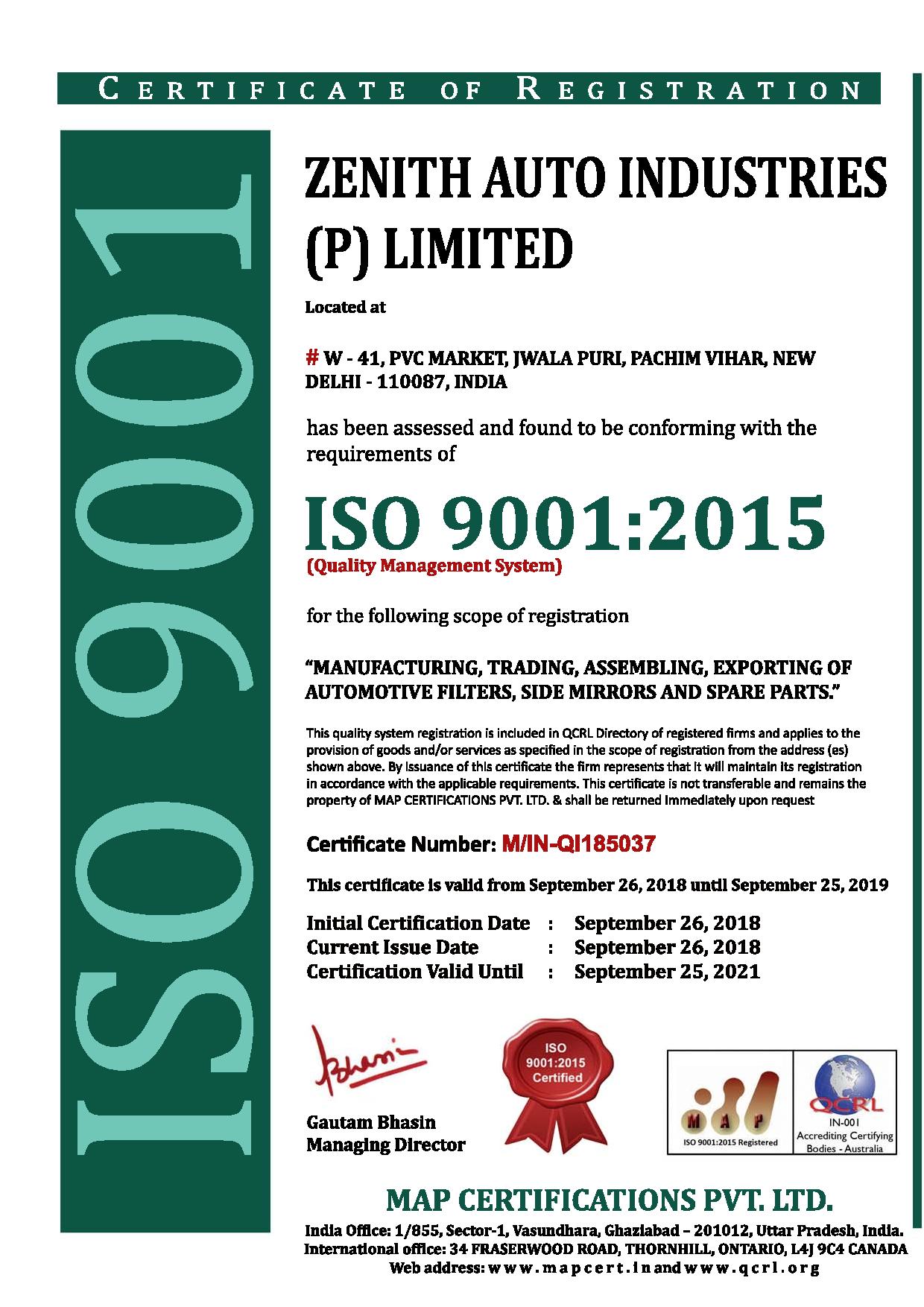 Zenith Filters : ISO 9001 : 2105 CERTIFIED
ISO 14001 : 2015 CERTIFIED 