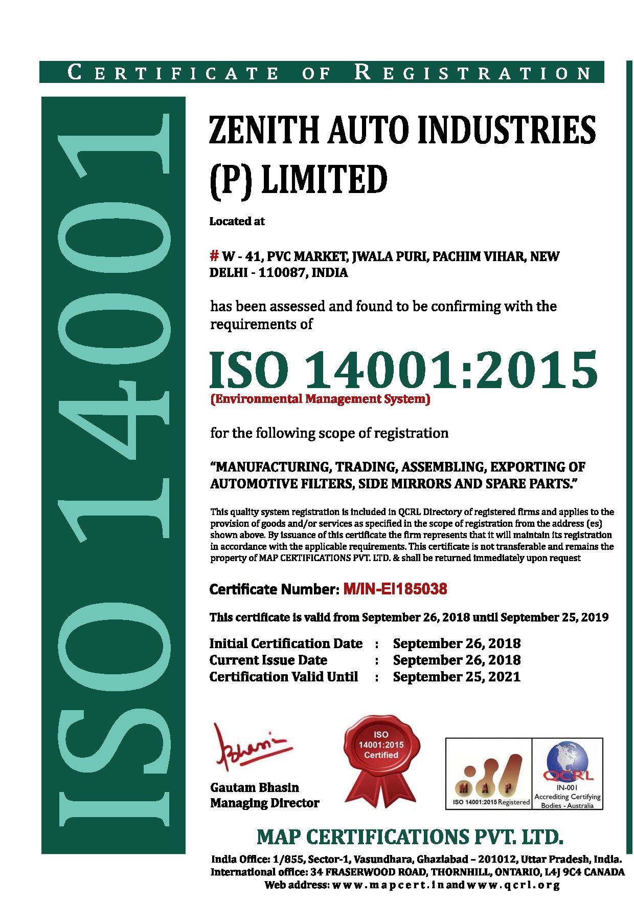 Zenith Filters : ISO 9001 : 2105 CERTIFIED
ISO 14001 : 2015 CERTIFIED 